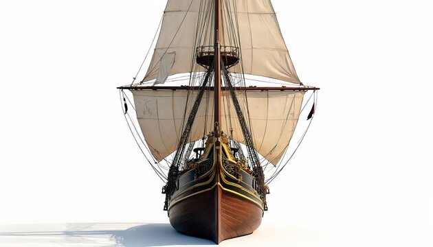 Wooden sailing ship with tan sails and dark hull. Front view of historical vessel on white background. Nautical detail with rigging and masts. Maritime transport, old boat concept.