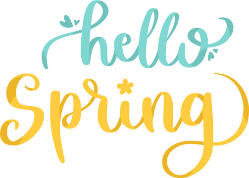hello spring calligraphy typography lettering blue yellow text hand drawn colorful illustration