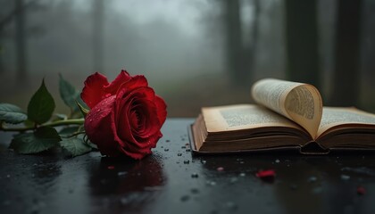 Naklejka premium Red rose with water droplets rests on dark wet surface near old open book. Soft focus background shows misty forest trees, suggesting melancholic mood or contemplation.