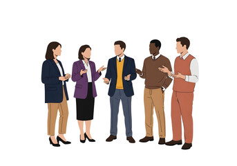 Obraz premium Diverse group of five business professionals in conversation and collaboration on a white background 
