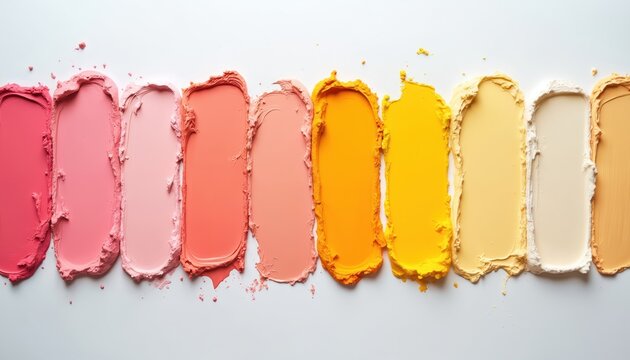 Palette of cosmetic cream swatches on white surface. Includes shades of pink, coral, orange, yellow, beige makeup samples. Texture shows creamy smooth application.