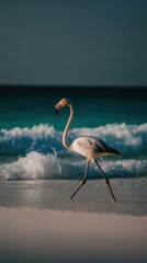 Naklejka premium Flamingo bird walking along the sandy beach shore at sunset for summer travel branding, exotic wildlife on a tropical coast with turquoise waves and copy space