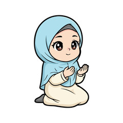 Obraz premium Adorable cartoon illustration of a young Muslim girl in a light blue hijab, kneeling in sincere prayer, embodying devotion, peace, and spiritual reflection during sacred times and celebrations