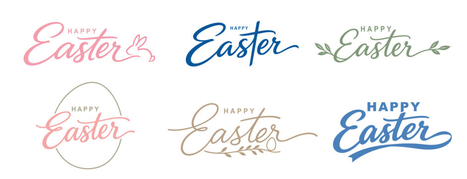 Happy Easter typography bundle with bunny ears and easter egg elements for spring greetings