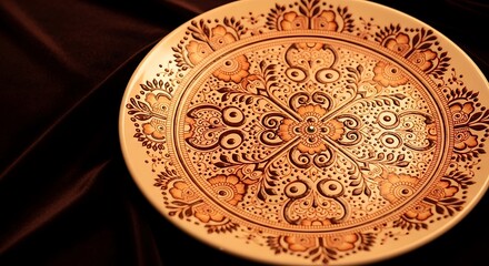 Fototapeta premium An antique one dollar coin featuring an ornate gold mandala design and ancient floral patterns centered on a dark black background as a vintage currency illustration