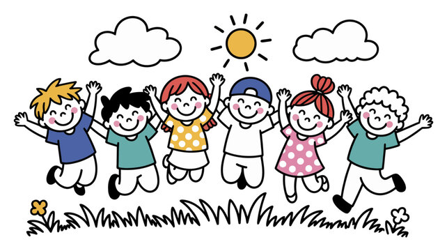 A group of six happy children joyfully jumps together outdoors under a bright sun and fluffy clouds.
