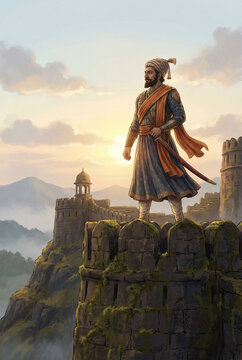 Chatrapati Shivaji Maharaj. Maratha warrior stands atop  hill fort at sunrise, sword at his side and orange cloak flowing, embodying determination, leadership, historic pride and Vision of Swarajya