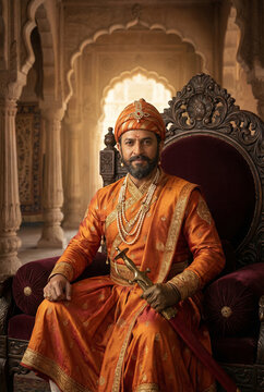 Chatrapati Shivaji Maharaj. regal Indian king seated in ornate chair wearing  orange sherwani, layered pearl necklaces and jeweled turban inside historic palace room, conveying authority, tradition