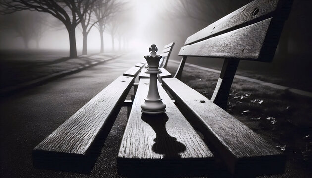 A lone chess piece on a park bench, Ai generated image