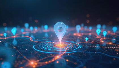 Obraz premium Digital map with glowing blue location pins and connection lines. Futuristic network or data visualization abstract concept of navigation or business analytics.