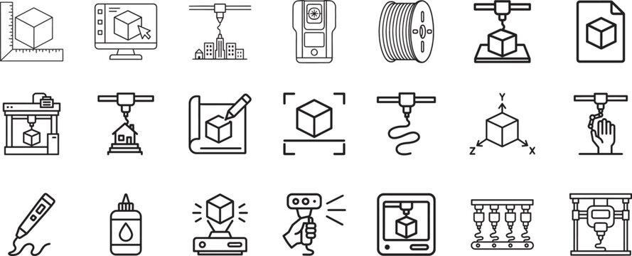 3D printing line icon set. Editable stroke additive manufacturing vector symbols collection.