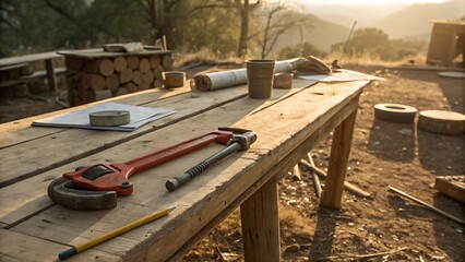 Rustic Wooden Workbench at Golden Hour