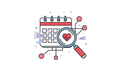 Fototapeta premium Healthcare scheduling concept showing a calendar with a magnifying glass focusing on a red heart rhythm symbol icon.