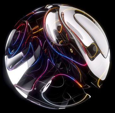 3d render surreal mystic alien ball or sphere sculpture in curved, wavy organic lines forms in a deformation process in translucent liquid glass material with yellow, blue, purple laser round stripes