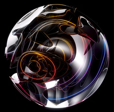 3d render surreal mystic alien ball or sphere sculpture in curved, wavy organic lines forms in a deformation process in translucent liquid glass material with yellow, blue, purple laser round stripes