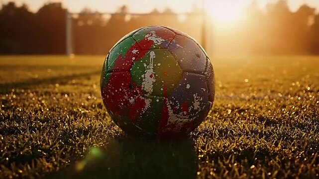 Worn soccer ball on a grassy field at sunset with a warm glow.