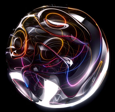 3d render surreal mystic alien ball or sphere sculpture in curved, wavy organic lines forms in a deformation process in translucent liquid glass material with yellow, blue, purple laser round stripes
