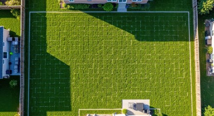 Aerial View of a Perfectly Manicured Suburban Backyard with Green Lawn and House