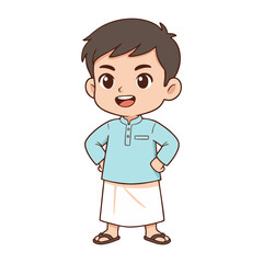 Obraz premium Adorable Cartoon Boy Wearing Traditional Cultural Clothes, Expressing Happiness and Celebration for Special Occasions like Eid or Ramadan