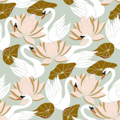 Cotton fabric Beautiful elegant white swan and peach lotus flower seamless pattern on sage green background with mustard lily pads for textile wallpaper and home decor illustration