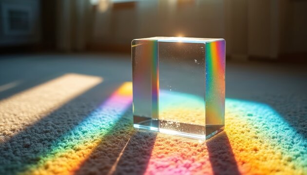 Clear rectangular prism refracts sunlight creating vibrant rainbow patterns on textured carpeted floor. Geometric glass object casts colorful light beams indoors, illuminating room with spectral