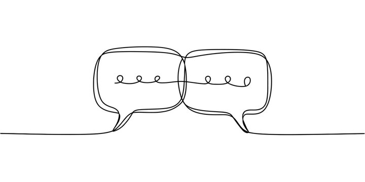 Continuous line drawing of two connected speech bubbles representing communication and connection.