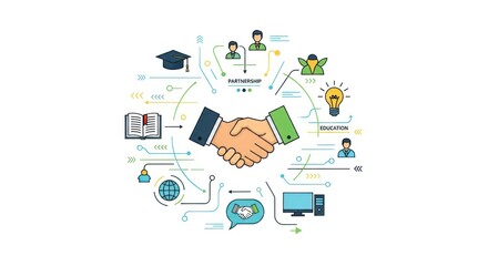 Business Partnership Concept: Handshake, Network, Education, Innovation Icons