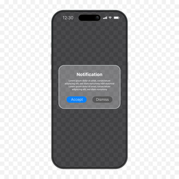 Smartphone Notification Popup UI Mockup with Accept and Dismiss Buttons, Mobile App Alert Message Interface on Transparent Background Vector Illustration