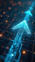 Fototapeta na wymiar Glowing blue arrow moves upward on digital grid background. Futuristic tech lines and data points create abstract pattern. Bright lights suggest progress and speed.