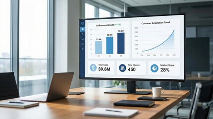 Naklejka premium Business growth dashboard showing revenue increase and customer acquisition