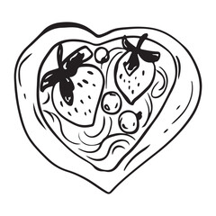 Hand-drawn vector graphic of a heart-shaped pastry filled with cream and topped with strawberries and blueberries. Simple and elegant design.