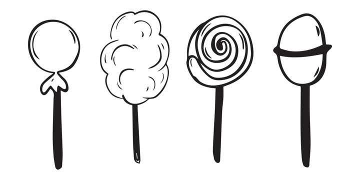 Hand-drawn vector graphics of various sweets including lollipops and cotton candy. The set features a balloon, fluffy cotton candy, a spiral lollipop, and a round candy on a stick.