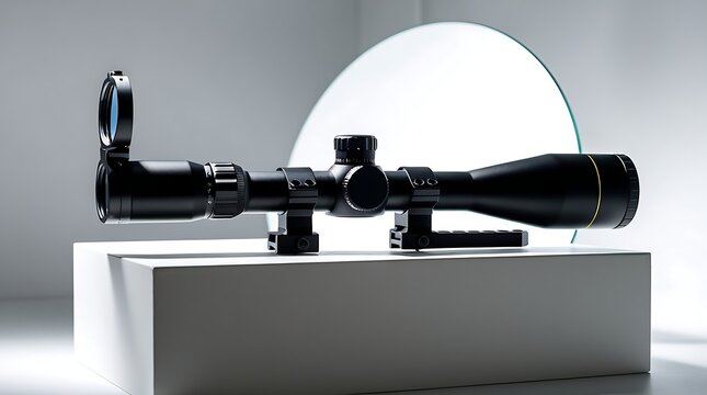 A photo of a rifle scope, an optic sight, placed on a pristine white surface, set against a clean white background, illuminated by soft studio light, with realistic glass reflection.