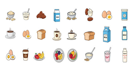 Assorted Breakfast and Beverage Icons in Cartoon Style.