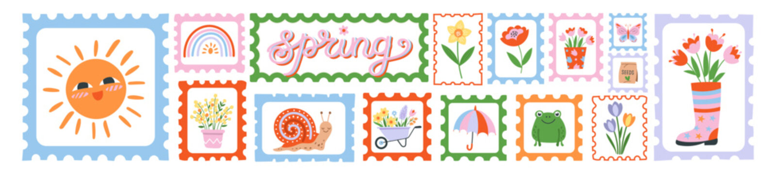 Spring postage stamp collection with sun, flowers, rainbow, umbrella, frog and gardening elements. Cute colorful vector illustration set for seasonal design, greeting cards, stickers and children 