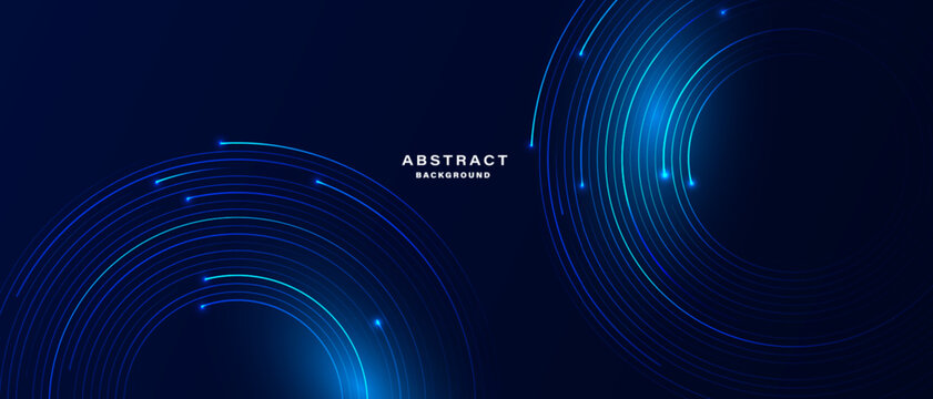 Glowing circular wave lines on dark blue background.