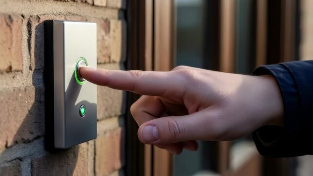 Woman hand presses modern doorbell on brick wall, triggering green light. Home entry and security system. House or apartment visitor.