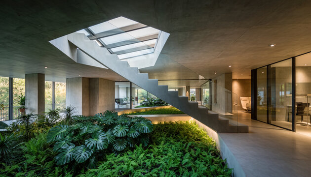 Modern minimal architecture featuring massive floating concrete staircase over lush indoor garden with ferns and atrium skylight bringing peaceful natural lighting
