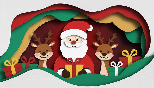 Cute Santa Claus with Reindeer and Gifts in Paper Cut Style, A charming paper-cut illustration featuring Santa Claus flanked by two friendly reindeer, surrounded by festive gifts and layered paper