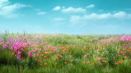 Obraz premium Blooming Meadow under Azure Skies: A vibrant expanse of wildflowers dances in the gentle breeze, under a canvas of a bright blue sky.