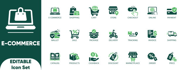E-commerce editable solid icon set.store,online shopping,retail,payment,e-commerce,checkout,cart,and online stores.