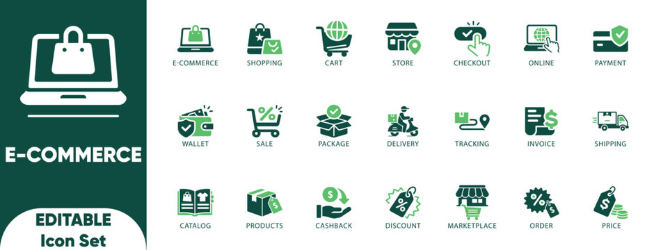 E-commerce editable solid icon set.store,online shopping,retail,payment,e-commerce,checkout,cart,and online stores.