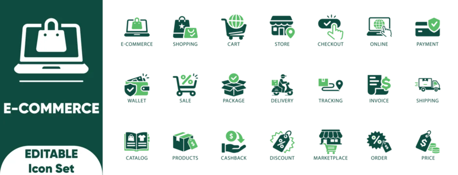 E-commerce editable solid icon set.store,online shopping,retail,payment,e-commerce,checkout,cart,and online stores.