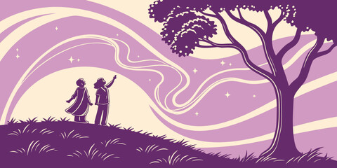 A serene scene of two figures standing under a tree with a vibrant sunset sky.