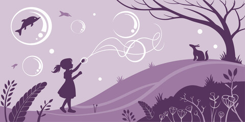 A whimsical scene of a girl flying a kite on a hill with magical creatures.