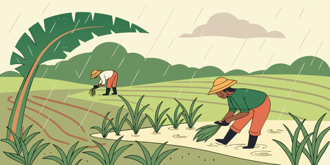 A farmer in a vibrant green field with a tractor and a dog.