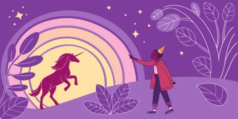 Fotobehang Warm Paars A vibrant scene of a person on a horseback riding through a mystical purple landscape with a rainbow arching overhead.  © Alone