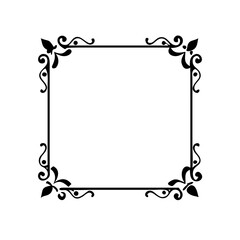 A black minimalist square frame with elegant swirling flourishes and leaf accents at the corners. The vector design is isolated on a white background, perfect for invitations and borders.