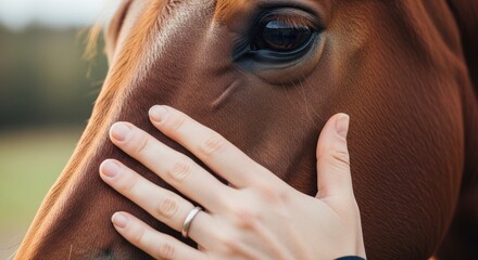 Close-up of a gentle brown horse with a human hand stroking its face, showing trust
