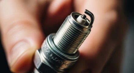 Close-up of a hand holding a new spark plug for car engine repair
